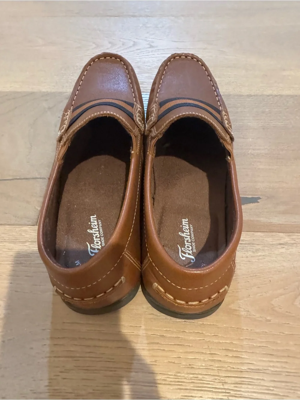 Florsheim Boys Tan Leather Driving Loafers with Navy Stripes